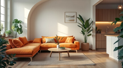 Fototapeta premium bright living room with sectional sofa natural light