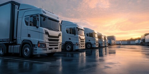 Commercial truck fleet, logistics hub, sunset sky, industrial warehouse, white semi-trucks, parking lot, golden hour lighting, panoramic view, distribution center, freight transportation, modern deliv