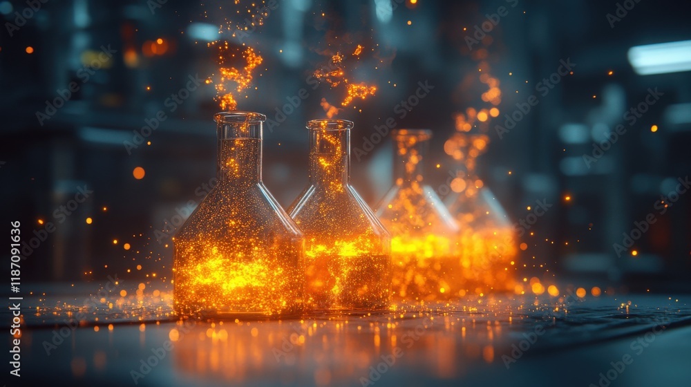 Aufkleber glowing science experiment with bright orange substance in laboratory glassware creating an engaging
