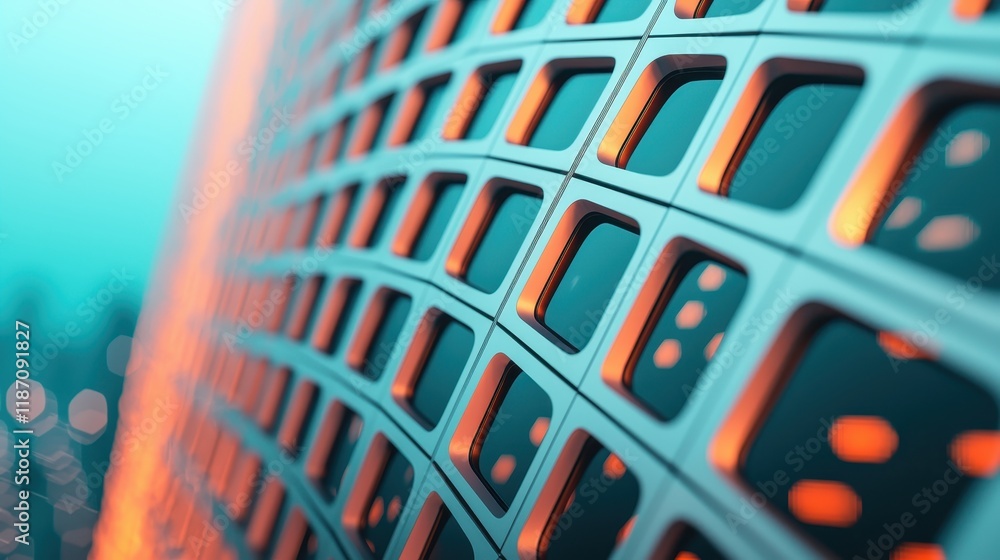 Poster a close-up view of a textured surface with a grid pattern, illuminated by vibrant orange and teal co