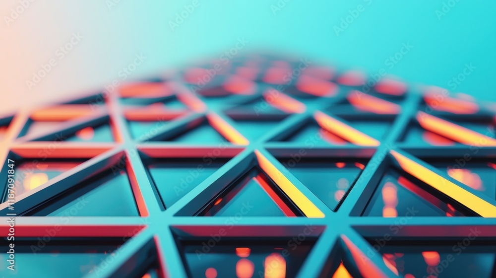 Poster a colorful geometric pattern featuring triangular shapes, blending vibrant colors against a smooth b