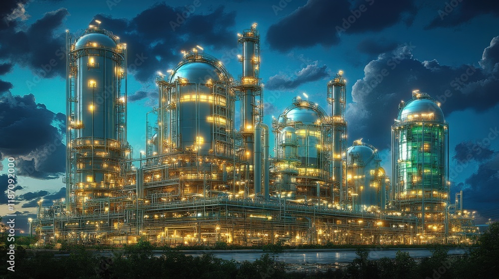 Poster illuminated industrial complex at dusk with dramatic sky, showcasing advanced engineering and modern
