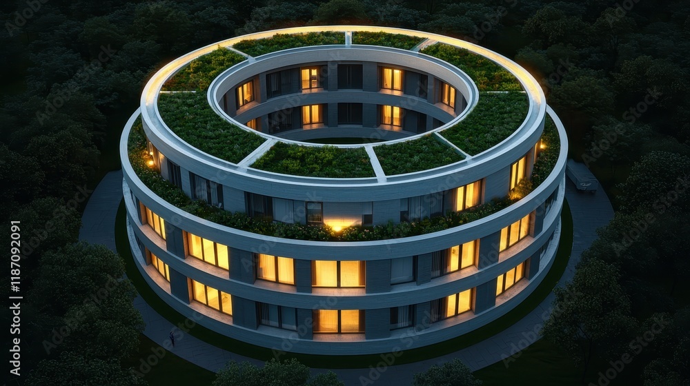 Poster a modern, circular building surrounded by greenery, featuring illuminated windows at night, creating