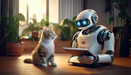 Mobile home robot assistant, works with the function caring for pet.