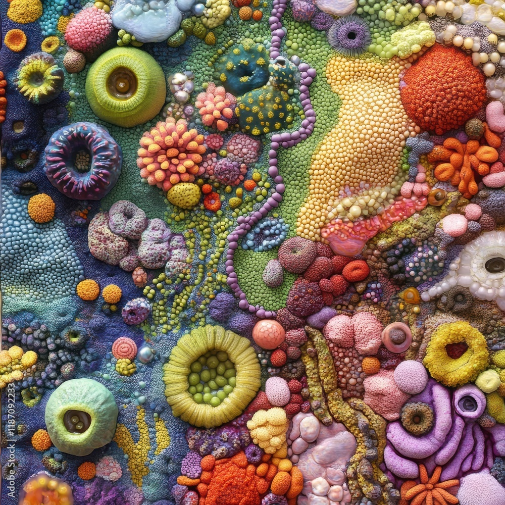 Poster bacteria textures covering a diverse landscape with vibrant colors and unique forms in a close up vi