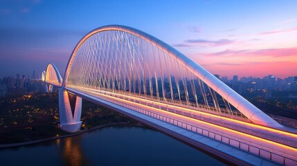 Naklejka premium A stunning view of a modern bridge illuminated at dusk, showcasing its architectural beauty against a vibrant sky.