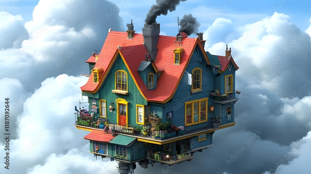 Poster a whimsical floating house surrounded by clouds, showcasing colorful architecture and charm.