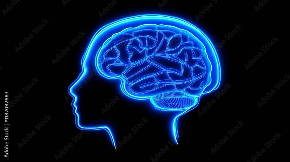 Poster glowing network pattern, exploring the depths of human brain and cognition on black background