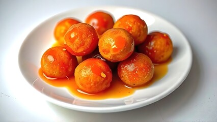 Isolated Gulab jamuns served on a white plate. A high definition cinematic photo of Indian sweet dish in 8K