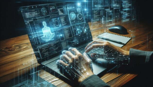 Cybersecurity expert, data streams, holographic displays, futuristic interface, glowing blue lights, digital security, hacker, computer code, dark room, intense focus, high-tech workspace, data visual