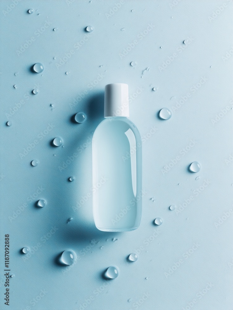 Poster droplets of sanitizer on a blue surface demonstrating antibacterial properties and promoting cleanli