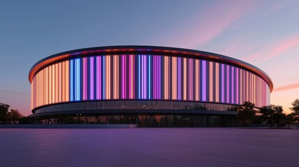 A modern stadium illuminated with vibrant vertical lights against a sunset backdrop, showcasing contemporary architecture and design.