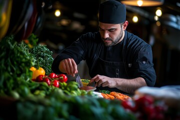 chef selecting ingredients for a recipe, amidst the vibrant colors