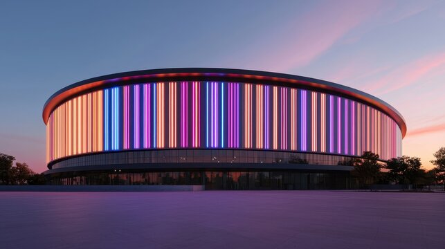 A modern stadium illuminated with vibrant vertical lights against a sunset backdrop, showcasing contemporary architecture and design.
