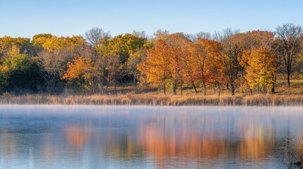 Obraz premium Autumnal Trees Reflected In Calm Lake Water