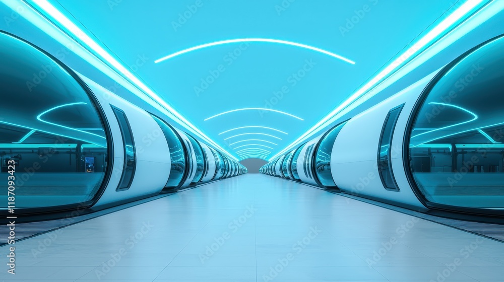 Poster a sleek, futuristic corridor illuminated with blue light, featuring smooth, rounded structures on ei