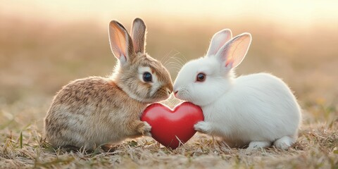 Obraz premium Valentine rabbit with romance and joy idea. Two rabbits holding a heart in a romantic setting.