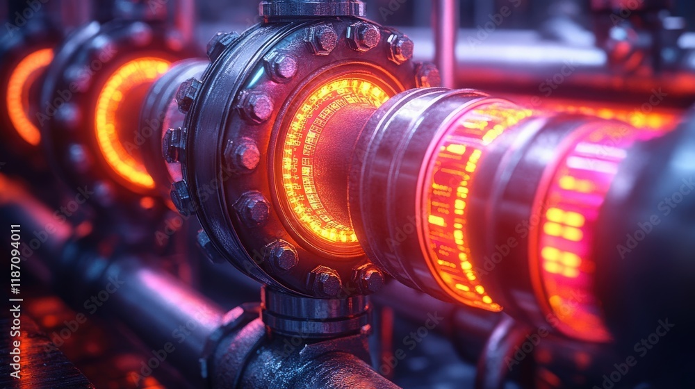 Poster intricate close-up of glowingly illuminated industrial pipes with detailed valve mechanisms in a hig