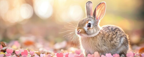 Valentine rabbit with romance and joy idea. Cute rabbit surrounded by soft pink flowers in sunlight.