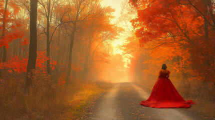 woman in a flowing red gown walking through a misty autumn forest for fairytale themes, seasonal concepts, or enchanting storytelling visuals