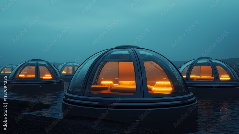 Poster futuristic dome structures glow warmly in a misty, serene lake setting, creating a captivating and t