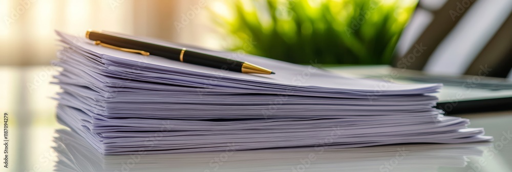 Aufkleber Stack of paperwork with a pen resting on top, suggesting a busy office environment with a laptop in the background and natural light filtering through the window