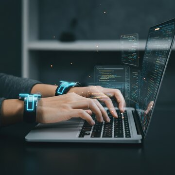 Cybersecurity expert, data streams, holographic displays, futuristic interface, glowing blue lights, digital security, hacker, computer code, dark room, intense focus, high-tech workspace, data visual