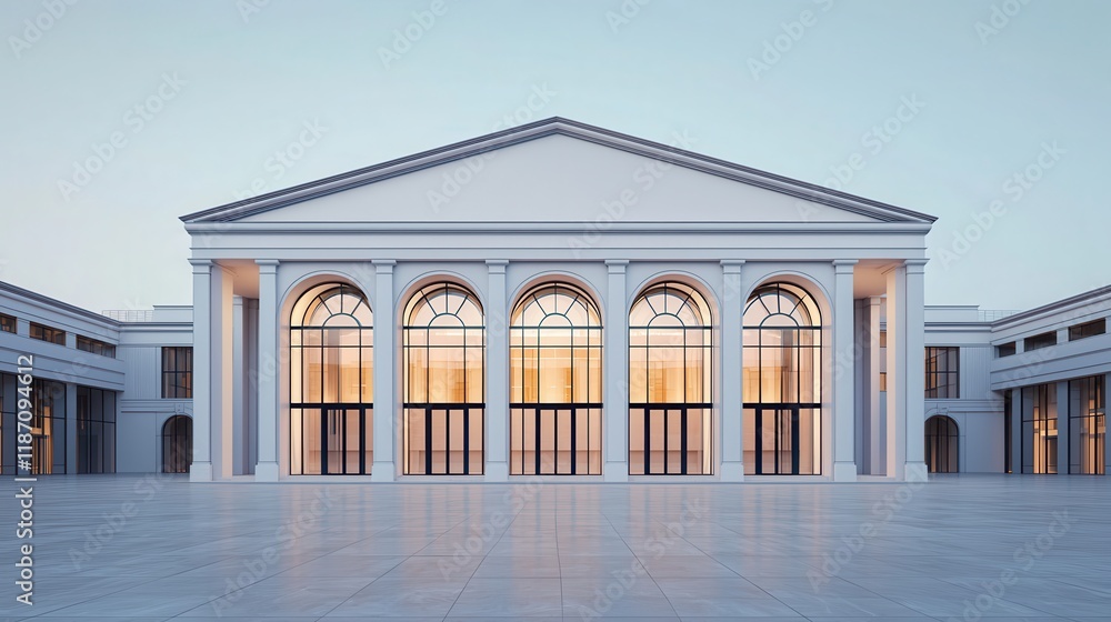 Poster a modern architectural structure featuring elegant columns and large arched windows, set against a c