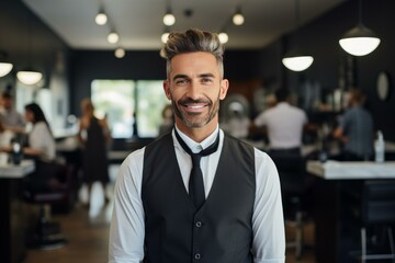 Fototapeta premium Confident mature barber smiling in his busy barbershop