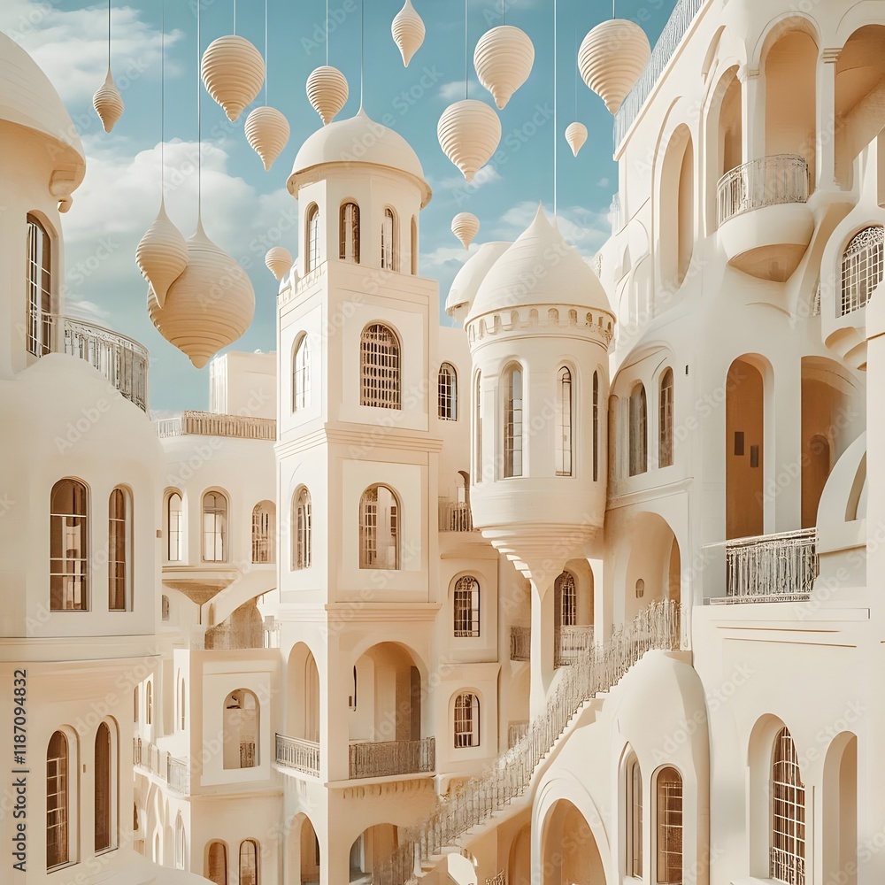 Poster a surreal architectural scene featuring intricate structures and floating ornaments.