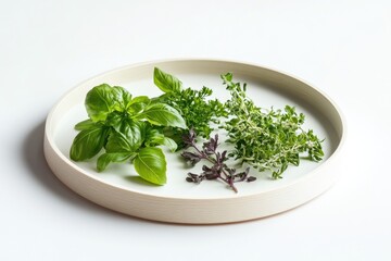 Assortment of fresh herbs, including basil, thyme, parsley, and purple basil, arranged on a light wooden plate.