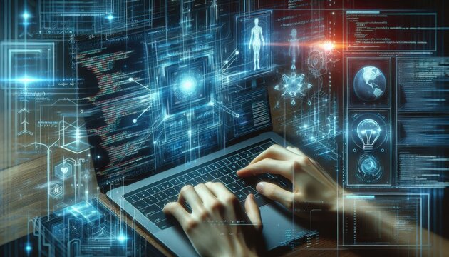 Cybersecurity expert, data streams, holographic displays, futuristic interface, glowing blue lights, digital security, hacker, computer code, dark room, intense focus, high-tech workspace, data visual