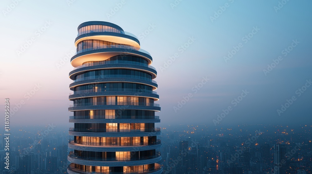 Poster a modern skyscraper with a unique spiral design, illuminated softly against a twilight skyline, show