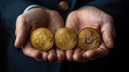 Fototapeta premium Businessman holding Bitcoin cryptocurrency, investment concept.