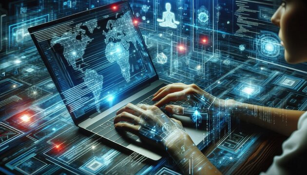 Cybersecurity expert, data streams, holographic displays, futuristic interface, glowing blue lights, digital security, hacker, computer code, dark room, intense focus, high-tech workspace, data visual