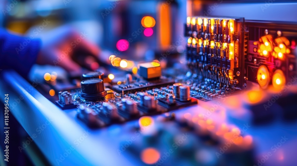 Poster technician working on illuminated circuit board