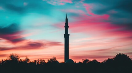 Obraz premium Majestic Minaret Silhouette at Colorful Sunset