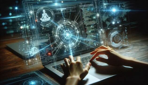 Cybersecurity expert, data streams, holographic displays, futuristic interface, glowing blue lights, digital security, hacker, computer code, dark room, intense focus, high-tech workspace, data visual