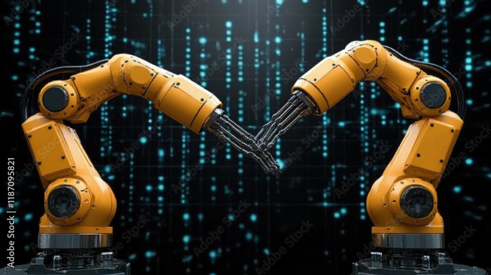 Aufkleber two robotic arms forming a heart shape against a futuristic digital background with binary code and 