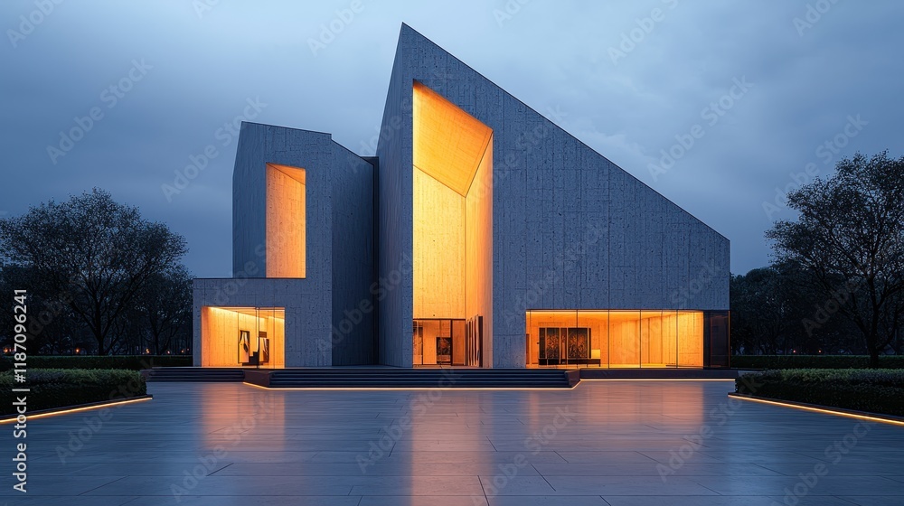 Poster a modern architectural structure with angular shapes and glowing windows, set against a moody evenin