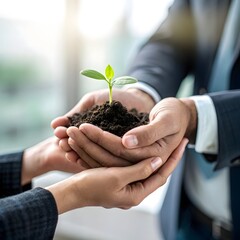 Hands holding soil, small green seedling sprouting, growth concept, business desk Transparent Background