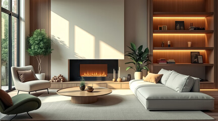sunlit modern living room features a fireplace sofa armchair