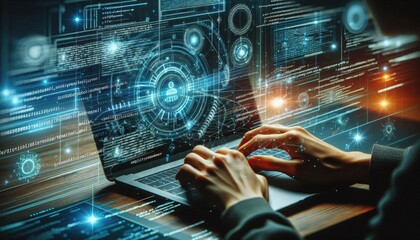 Cybersecurity expert, data streams, holographic displays, futuristic interface, glowing blue lights, digital security, hacker, computer code, dark room, intense focus, high-tech workspace, data visual
