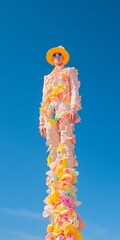 Stilt Performer in Colorful Costume Against Clear Blue Sky at Festival