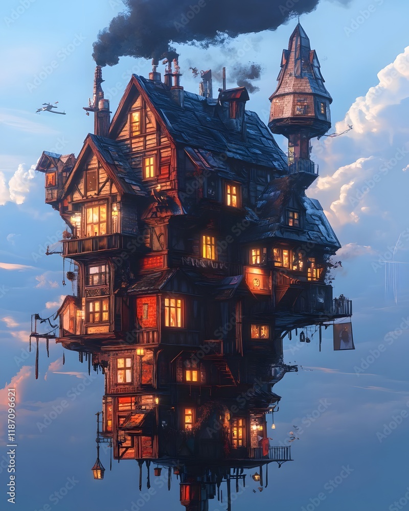 Poster a whimsical floating house with multiple levels and glowing windows amidst a cloudy sky.