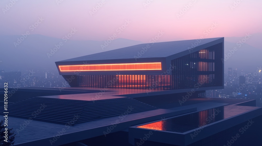 Poster a modern architectural building with a striking geometric design, illuminated subtly against a misty