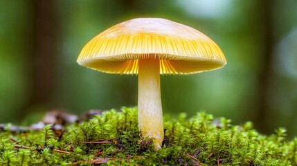 Yellow Mushroom Growing in Lush Green Moss