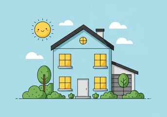 Charming cartoon house with bright windows and friendly sun in a cheerful outdoor scene