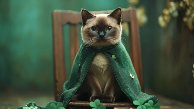 A Siamese Cat Wearing A Green St Patricks Day Cloak