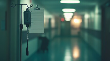 Naklejka premium Medical IV Stand in Quiet Hospital Corridor